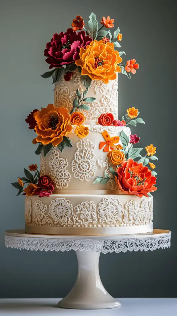 A Mexican wedding cake with themes of elegant lace and Papel Picado.
