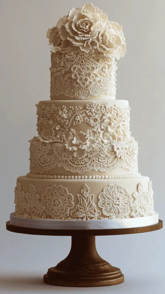 A Mexican wedding cake with themes of elegant lace and Papel Picado.