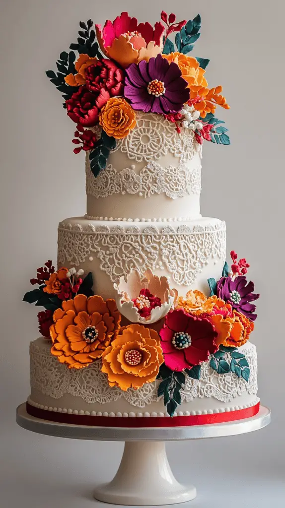A Mexican wedding cake with themes of elegant lace and Papel Picado.