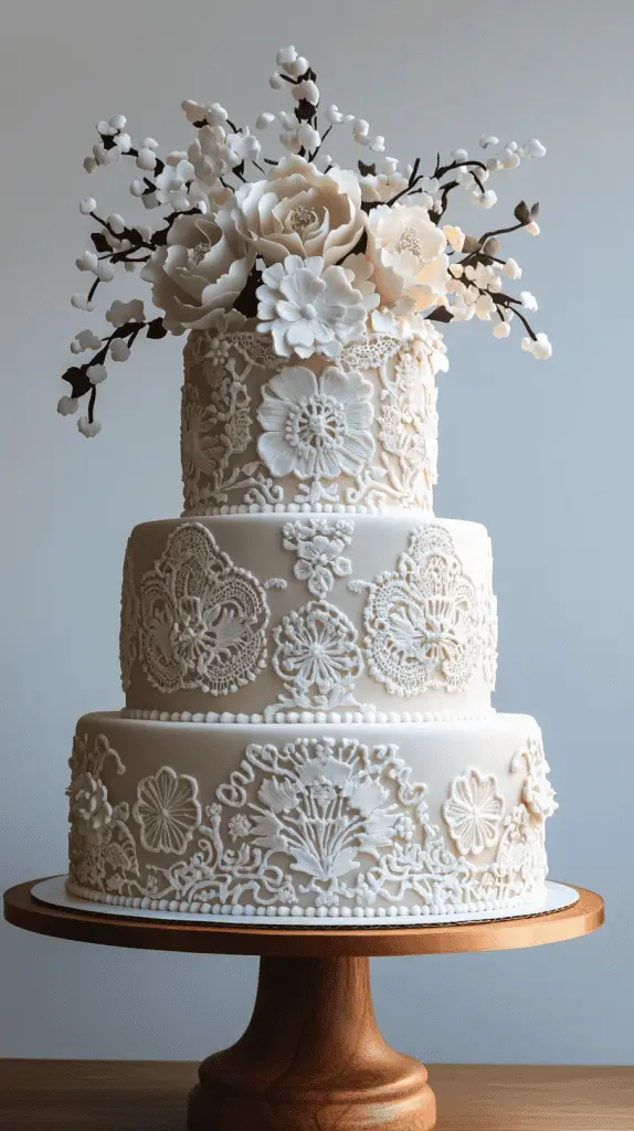 A Mexican wedding cake with themes of elegant lace and Papel Picado.