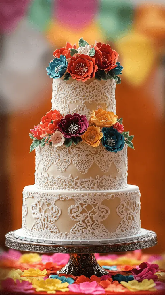 A Mexican wedding cake with themes of elegant lace and Papel Picado.