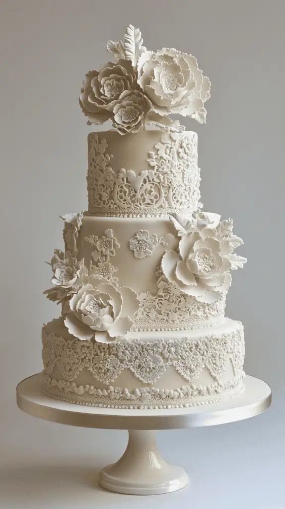 A Mexican wedding cake with themes of elegant lace and Papel Picado.