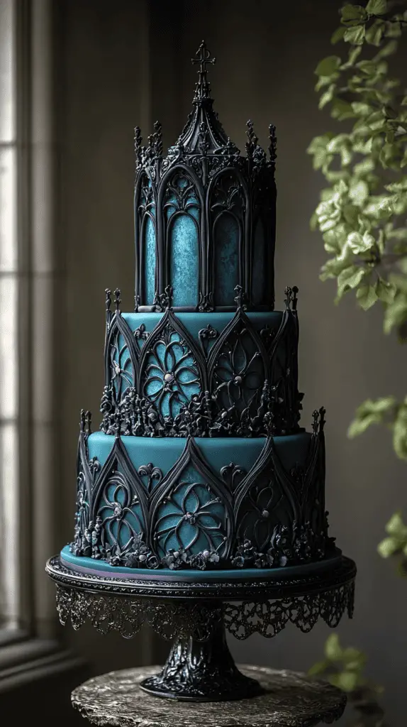 Experience the Gothic Architecture wedding cake,inspired by grand cathedrals with stained glass-like panels in jewel tones of emerald,sapphire,and ruby. Each tier features dark fondant, ornate carvings, and delicate filigree, creating a sacred, medieval-inspired centerpiece perfect for gothic-themed weddings.