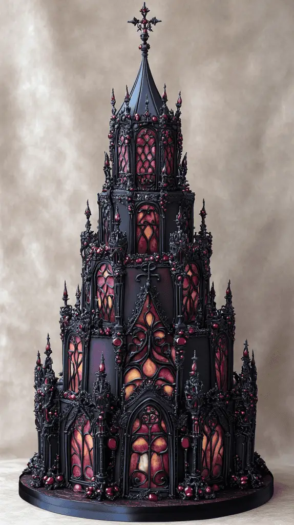 Experience the Gothic Architecture wedding cake, inspired by grand cathedrals with stained glass-like panels in jewel tones of emerald, sapphire, and ruby. Each tier features dark fondant,ornate carvings,and delicate filigree,creating a sacred,medieval-inspired centerpiece perfect for gothic-themed weddings.