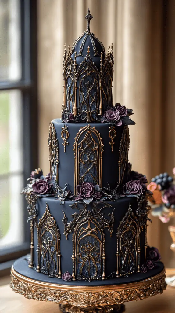 Experience the Gothic Architecture wedding cake, inspired by grand cathedrals with stained glass-like panels in jewel tones of emerald, sapphire, and ruby.Each tier features dark fondant, ornate carvings, and delicate filigree, creating a sacred, medieval-inspired centerpiece perfect for gothic-themed weddings.