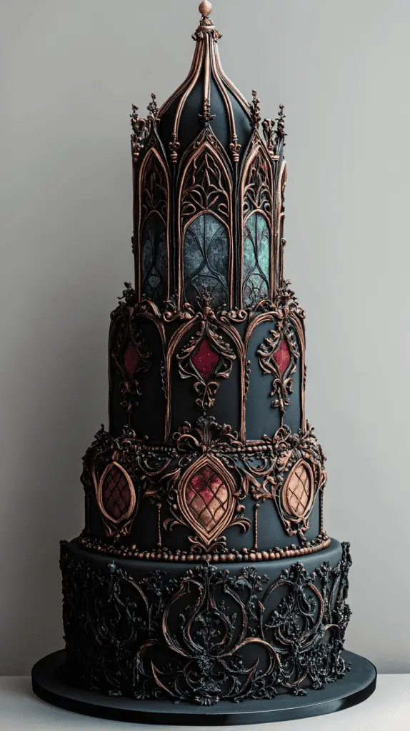 Experience the Gothic Architecture wedding cake, inspired by grand cathedrals with stained glass-like panels in jewel tones of emerald, sapphire, and ruby. Each tier features dark fondant, ornate carvings, and delicate filigree, creating a sacred, medieval-inspired centerpiece perfect for gothic-themed weddings.