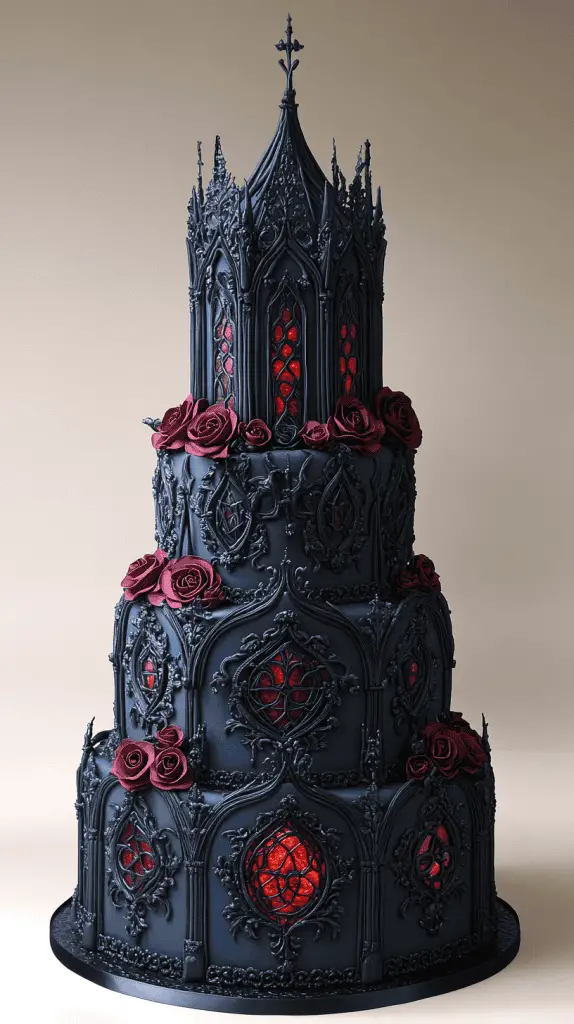 Experience the Gothic Architecture wedding cake, inspired by grand cathedrals with stained glass-like panels in jewel tones of emerald, sapphire, and ruby. Each tier features dark fondant, ornate carvings, and delicate filigree, creating a sacred, medieval-inspired centerpiece perfect for gothic-themed weddings.