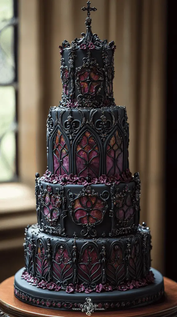 Experience the Gothic Architecture wedding cake, inspired by grand cathedrals with stained glass-like panels in jewel tones of emerald, sapphire, and ruby. Each tier features dark fondant, ornate carvings, and delicate filigree, creating a sacred, medieval-inspired centerpiece perfect for gothic-themed weddings.