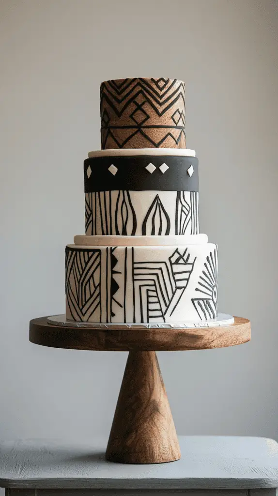 A modern Mexican wedding cake with contemporary elements like sleek, minimalistic lines, and abstract patterns.