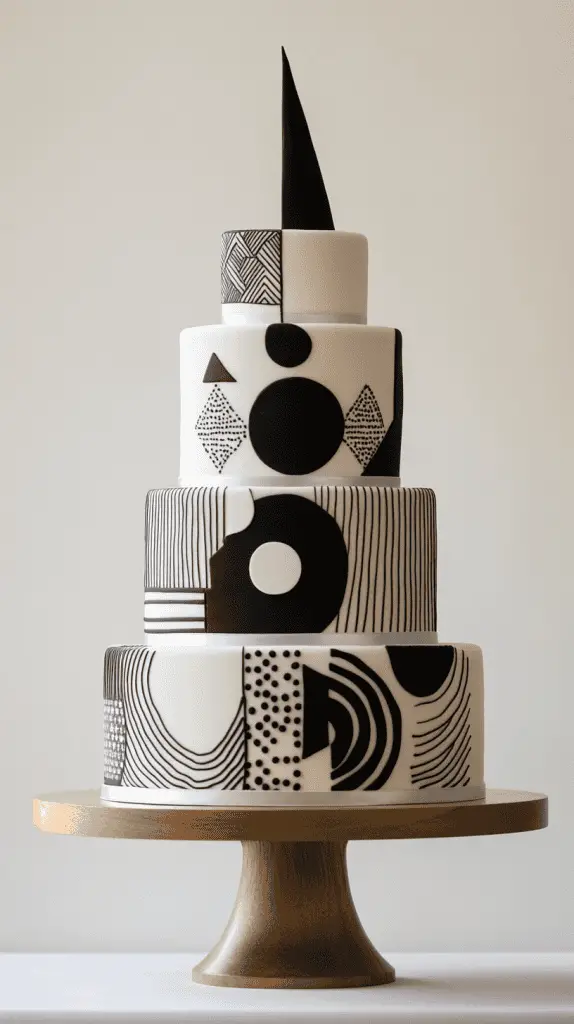 A modern Mexican wedding cake with contemporary elements like sleek, minimalistic lines, and abstract patterns.