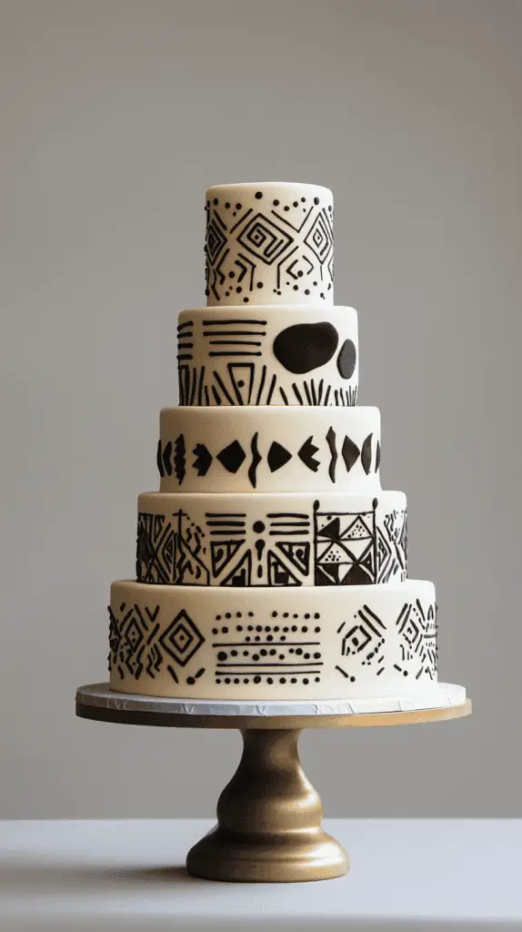 A modern Mexican wedding cake with contemporary elements like sleek,minimalistic lines,and abstract patterns.