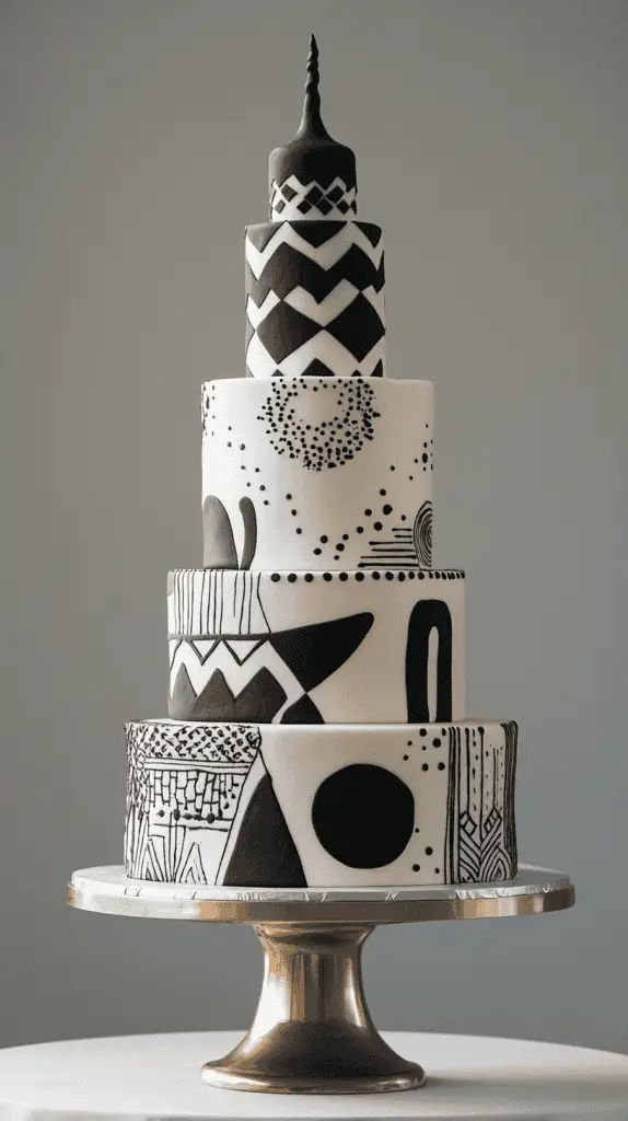 A modern Mexican wedding cake with contemporary elements like sleek, minimalistic lines, and abstract patterns.