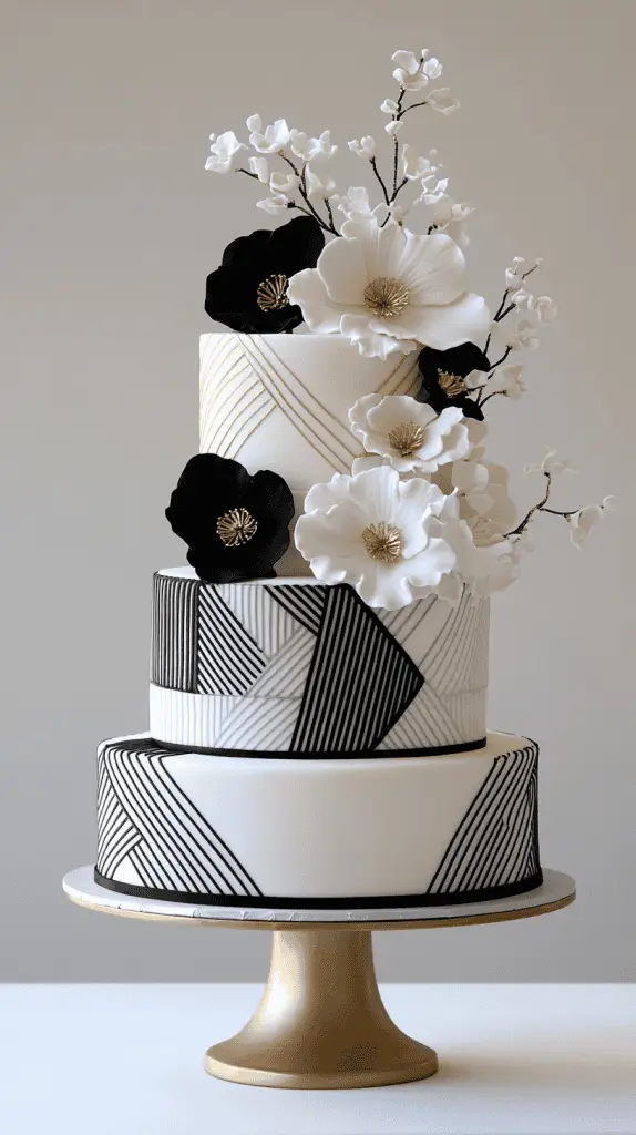 A modern Mexican wedding cake with contemporary elements like sleek, minimalistic lines, and abstract patterns.