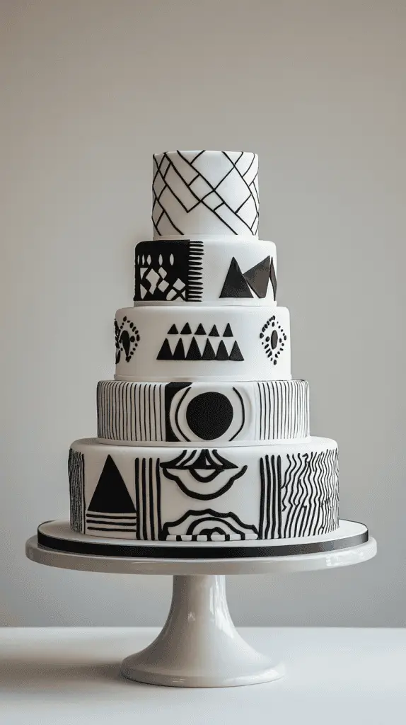 A modern Mexican wedding cake with contemporary elements like sleek, minimalistic lines, and abstract patterns.