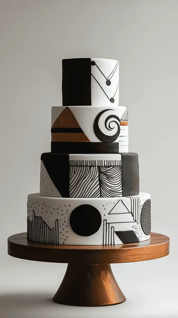 A modern Mexican wedding cake with contemporary elements like sleek, minimalistic lines, and abstract patterns.