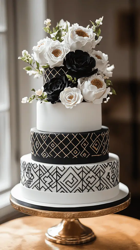 A modern mexican wedding cake with contemporary elements like sleek, minimalistic lines, and abstract patterns.