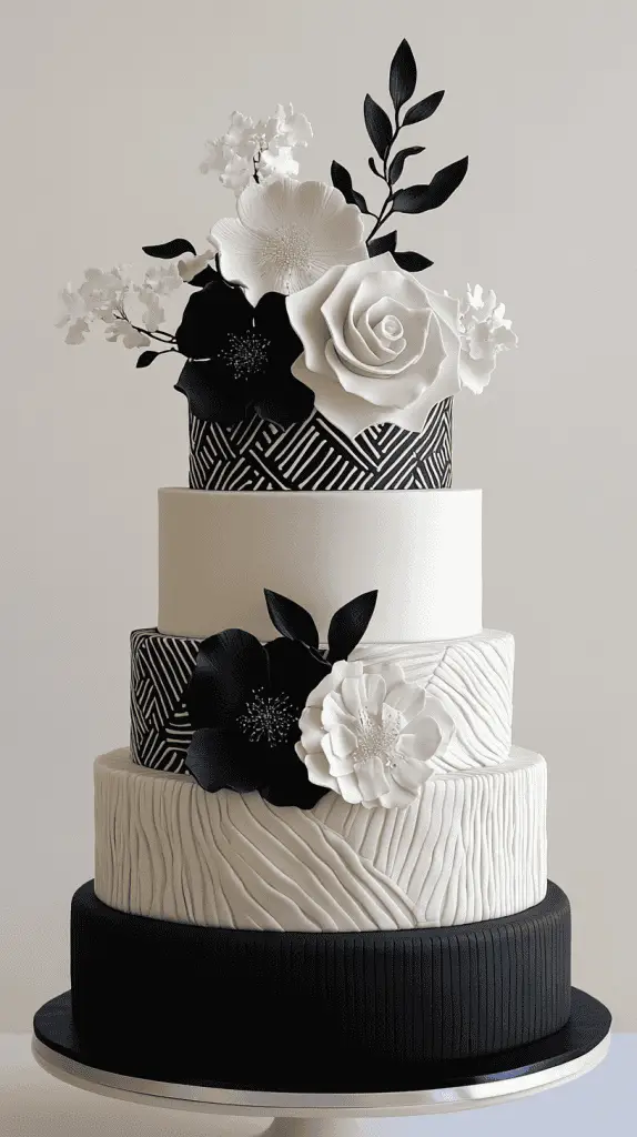 A modern mexican wedding cake with contemporary elements like sleek, minimalistic lines, and abstract patterns.
