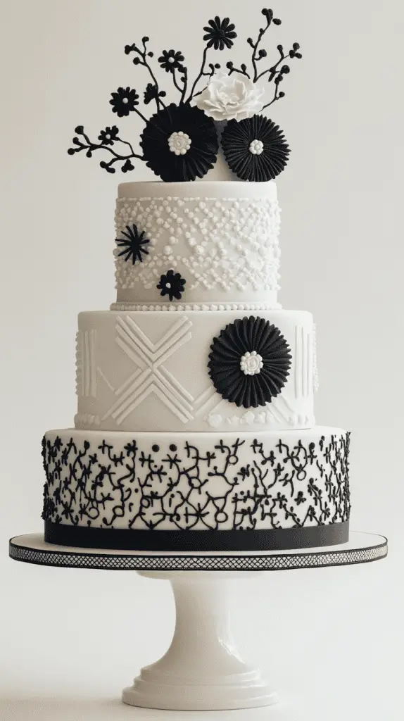 A modern mexican wedding cake with contemporary elements like sleek, minimalistic lines, and abstract patterns.
