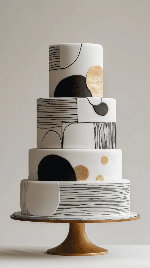 A modern mexican wedding cake with contemporary elements like sleek, minimalistic lines, and abstract patterns.