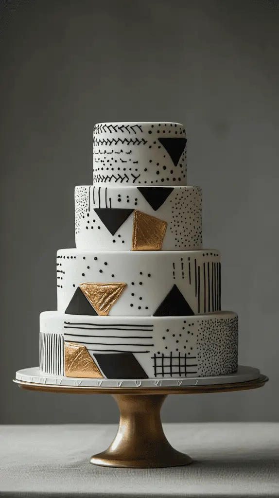 A modern Mexican wedding cake with contemporary elements like sleek, minimalistic lines, and abstract patterns.