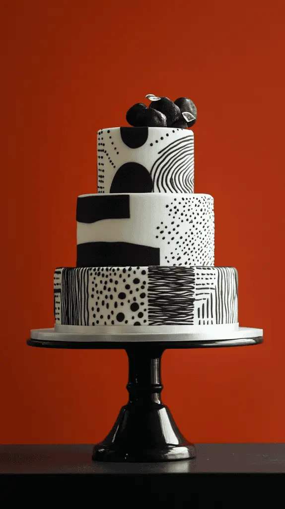 A modern Mexican wedding cake with contemporary elements like sleek, minimalistic lines, and abstract patterns.