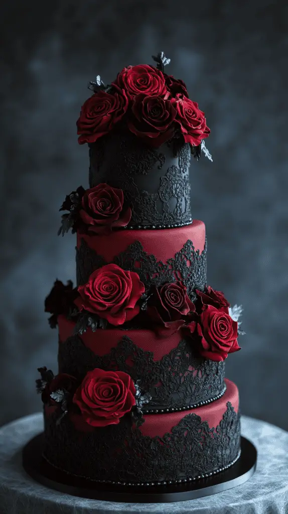 Discover a stunning gothic wedding cake design with deep red roses, black lace patterns, and velvety maroon accents. Perfect for adding a romantic, dark twist, this multi-tiered cake combines cascading florals and intricate lace details for an elegant, dramatic effect.