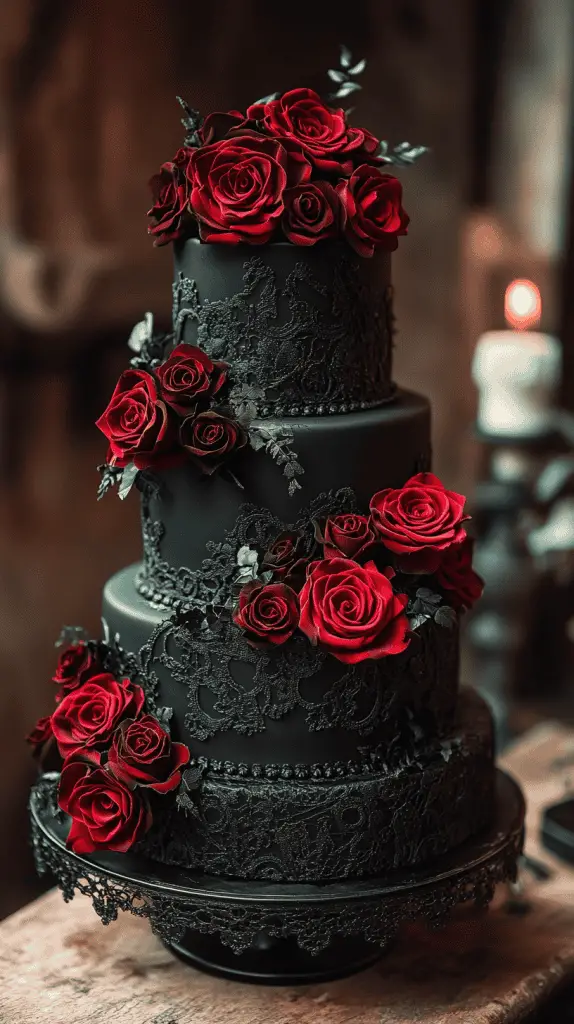 a multi-tiered gothic wedding cake with a romantic,dark twist. The cake features deep red roses, black lace patterns, and velvety accents in rich maroon and midnight black. Incorporate cascading roses and delicate lace detailing around each tier for a soft yet dramatic effect.
