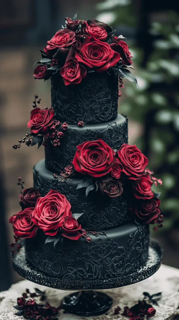 a multi-tiered gothic wedding cake with a romantic, dark twist. The cake features deep red roses,black lace patterns,and velvety accents in rich maroon and midnight black. Incorporate cascading roses and delicate lace detailing around each tier for a soft yet dramatic effect.