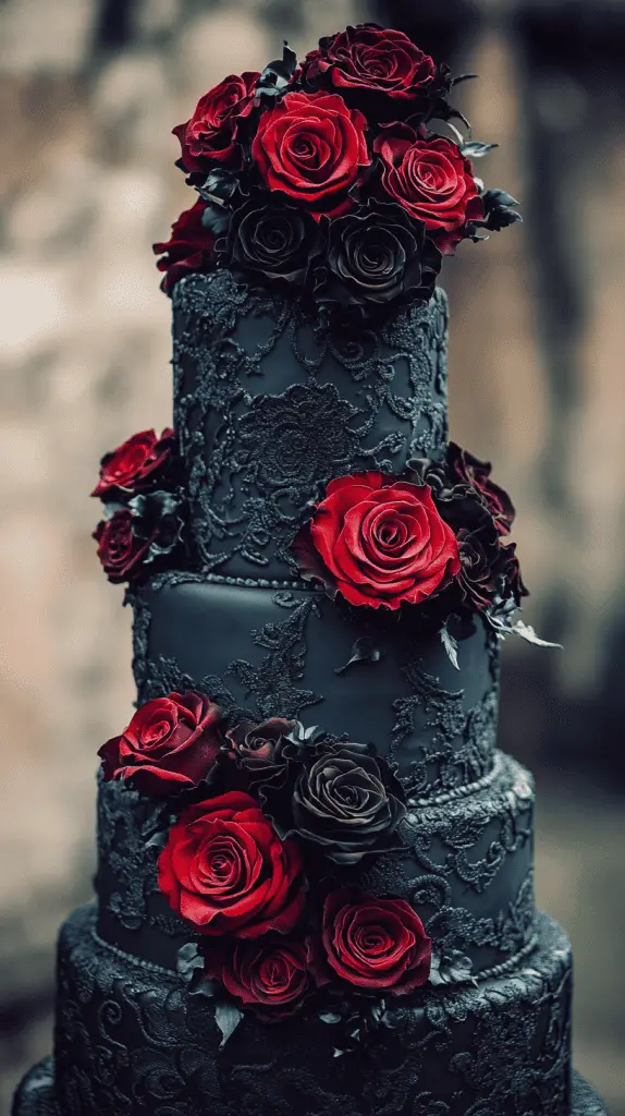a multi-tiered gothic wedding cake with a romantic, dark twist.The cake features deep red roses, black lace patterns, and velvety accents in rich maroon and midnight black. Incorporate cascading roses and delicate lace detailing around each tier for a soft yet dramatic effect.