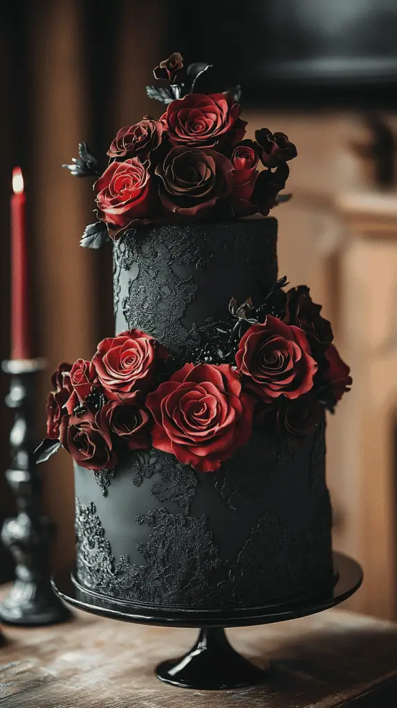 Discover a stunning gothic wedding cake design with deep red roses, black lace patterns, and velvety maroon accents. Perfect for adding a romantic, dark twist, this multi-tiered cake combines cascading florals and intricate lace details for an elegant, dramatic effect.