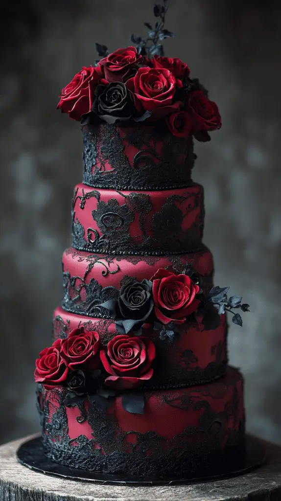a multi-tiered gothic wedding cake with a romantic,dark twist. The cake features deep red roses, black lace patterns, and velvety accents in rich maroon and midnight black. Incorporate cascading roses and delicate lace detailing around each tier for a soft yet dramatic effect.