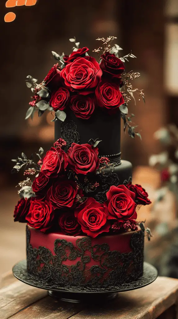 a multi-tiered gothic wedding cake with a romantic, dark twist. The cake features deep red roses, black lace patterns, and velvety accents in rich maroon and midnight black. Incorporate cascading roses and delicate lace detailing around each tier for a soft yet dramatic effect.