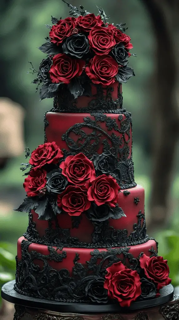 Discover a stunning gothic wedding cake design with deep red roses, black lace patterns, and velvety maroon accents. Perfect for adding a romantic, dark twist, this multi-tiered cake combines cascading florals and intricate lace details for an elegant, dramatic effect.