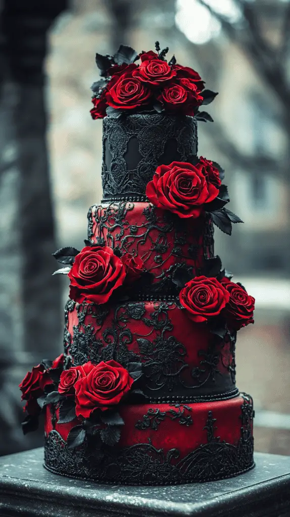 Discover a stunning gothic wedding cake design with deep red roses, black lace patterns, and velvety maroon accents.Perfect for adding a romantic, dark twist, this multi-tiered cake combines cascading florals and intricate lace details for an elegant, dramatic effect.