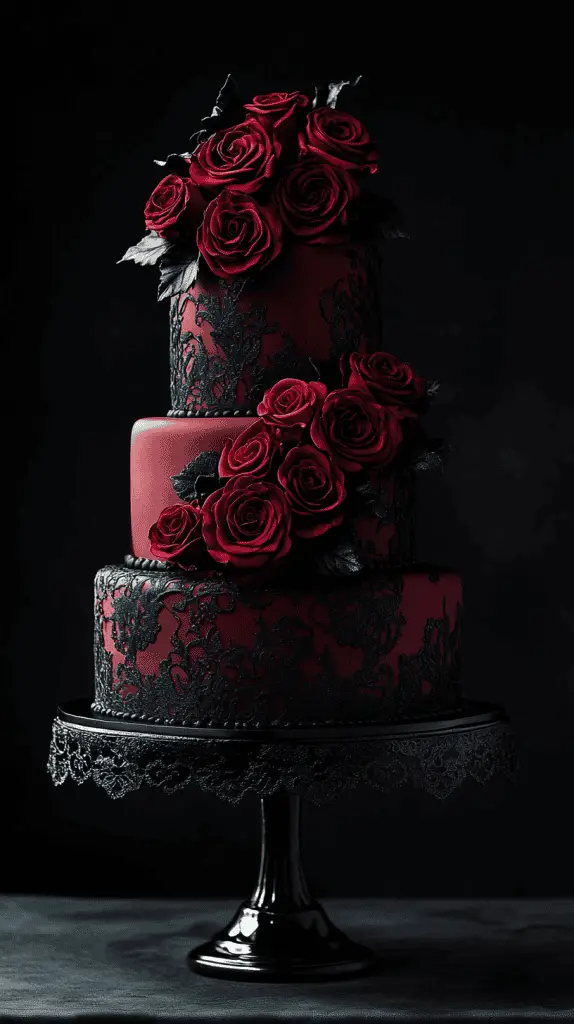 Discover a stunning gothic wedding cake design with deep red roses,black lace patterns,and velvety maroon accents. Perfect for adding a romantic, dark twist, this multi-tiered cake combines cascading florals and intricate lace details for an elegant, dramatic effect.
