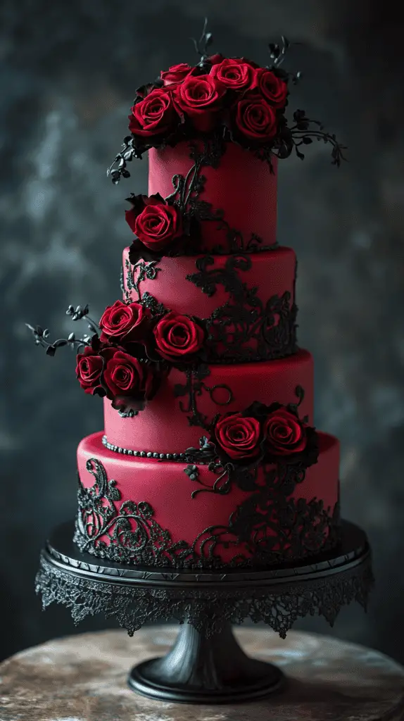 Discover a stunning gothic wedding cake design with deep red roses, black lace patterns, and velvety maroon accents. Perfect for adding a romantic, dark twist, this multi-tiered cake combines cascading florals and intricate lace details for an elegant, dramatic effect.