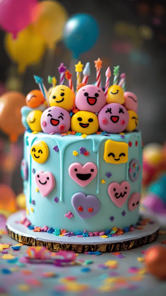A heart-shaped birthday cake with a realistic texture of whipped buttercream frosting, topped with finely detailed edible emojis.