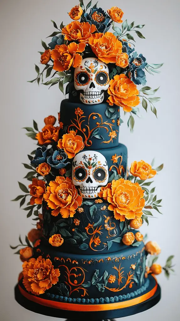 A vibrant mexican wedding cake with sugar skulls and Day of the Dead influences.