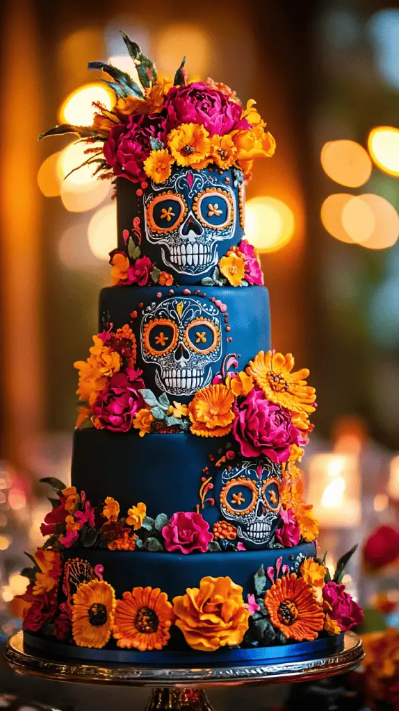 A vibrant Mexican wedding cake with sugar skulls and Day of the Dead influences.