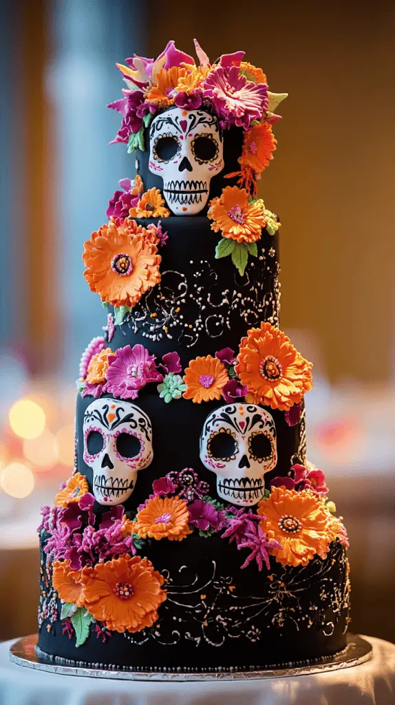 A vibrant Mexican wedding cake with sugar skulls and Day of the Dead influences.