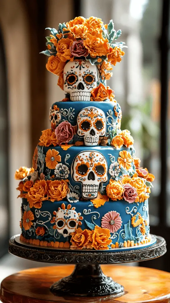 A vibrant Mexican wedding cake with sugar skulls and day of the Dead influences.