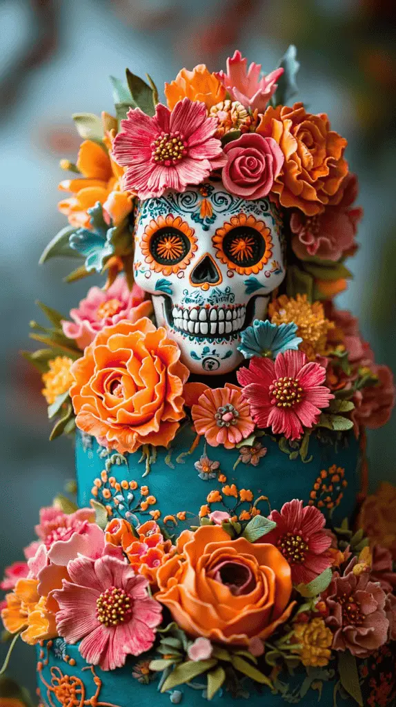 A vibrant Mexican wedding cake with sugar skulls and Day of the Dead influences.