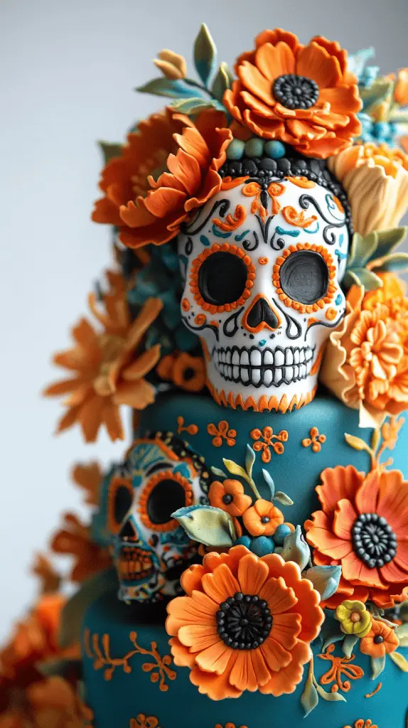 A vibrant Mexican wedding cake with sugar skulls and Day of the Dead influences.