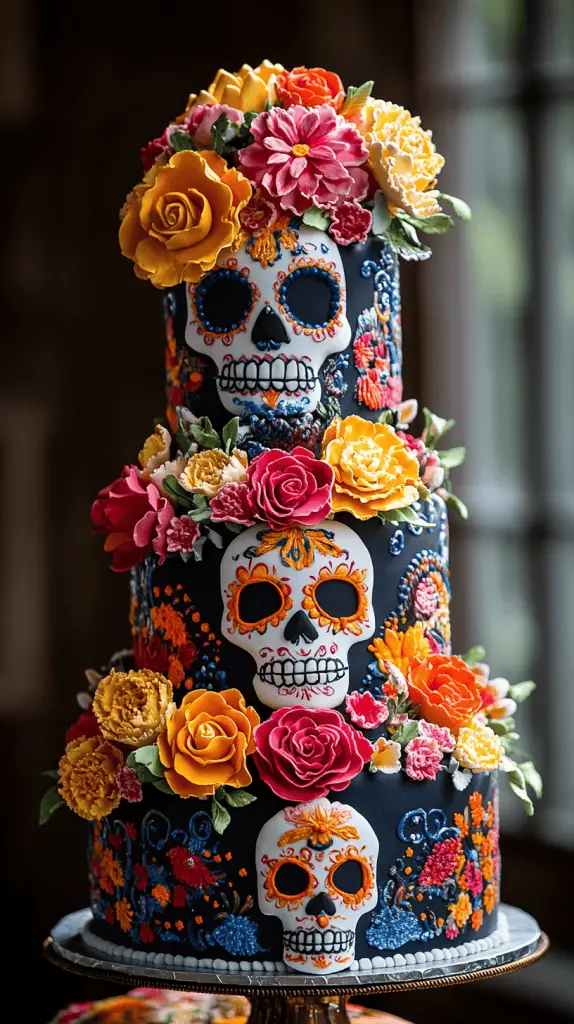 A vibrant Mexican wedding cake with sugar skulls and Day of the Dead influences.