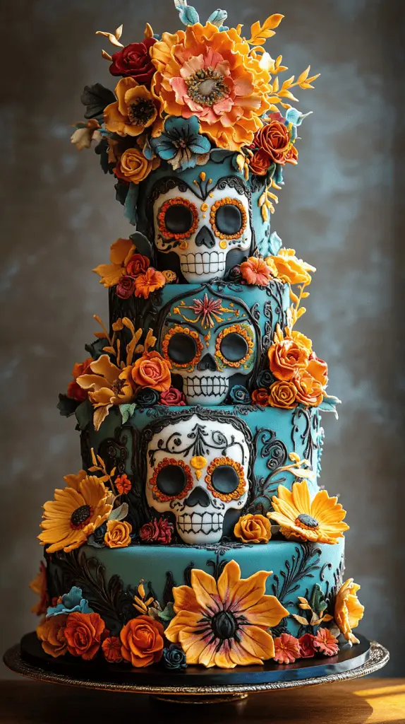 A vibrant Mexican wedding cake with sugar skulls and Day of the Dead influences.