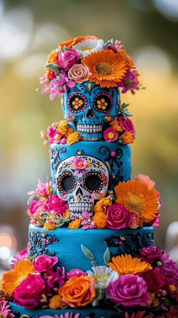 A vibrant Mexican wedding cake with sugar skulls and Day of the Dead influences.