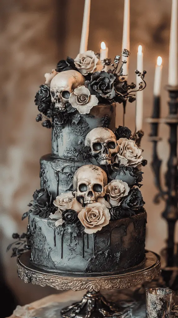 Discover the Vintage Macabre gothic wedding cake,featuring subtle skull motifs,miniature candelabras,and weathered textures in grey and dusty black. Accented with silver wax drips and lace details, this hauntingly elegant design captures an eerie, old-world charm, perfect for a gothic-themed celebration.