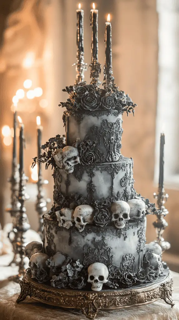 Discover the Vintage Macabre gothic wedding cake, featuring subtle skull motifs, miniature candelabras, and weathered textures in grey and dusty black. Accented with silver wax drips and lace details, this hauntingly elegant design captures an eerie, old-world charm, perfect for a gothic-themed celebration.