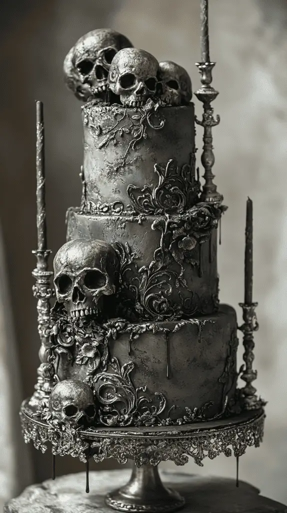 Discover the Vintage Macabre gothic wedding cake, featuring subtle skull motifs, miniature candelabras, and weathered textures in grey and dusty black. Accented with silver wax drips and lace details, this hauntingly elegant design captures an eerie, old-world charm, perfect for a gothic-themed celebration.