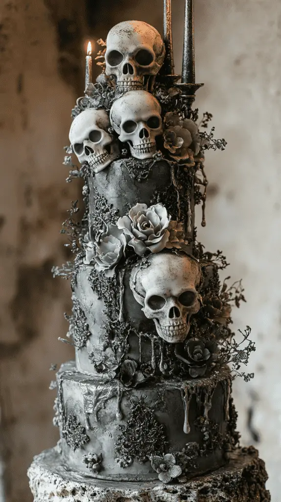 Discover the Vintage Macabre gothic wedding cake, featuring subtle skull motifs, miniature candelabras, and weathered textures in grey and dusty black. Accented with silver wax drips and lace details, this hauntingly elegant design captures an eerie, old-world charm, perfect for a gothic-themed celebration.